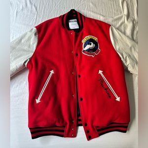 Jeremy Scott x Moschino Mickey rat patch bomber jacket in red